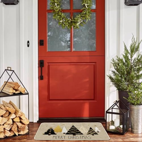 Baccessor 17 x 29 Inch Gold Christmas Trees Doormat – Non-Slip Front Door Mat