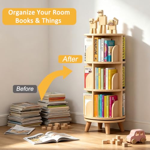 Gdrasuya10 3-Tier Rotating Wooden Bookshelf with Legs, Space-Saving Round Display Shelf