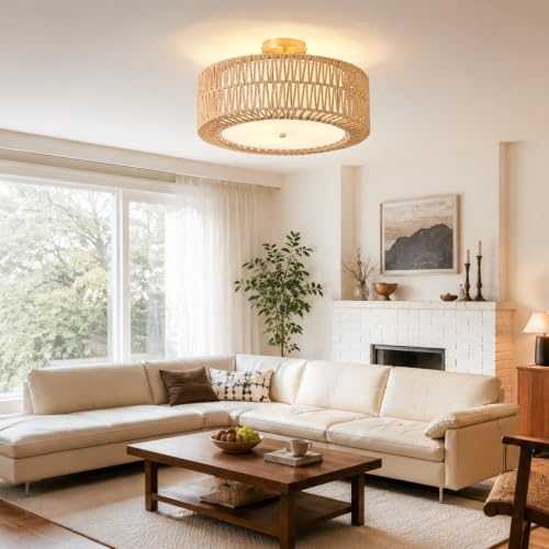 17.7 Inch Rattan Boho Ceiling Light with Fabric Diffuser - Brown, 3-Light Flush Mount
