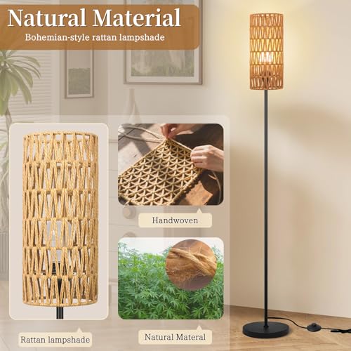 Ruiever Farmhouse Rattan Floor Lamp with 3-Color Bulb and Handcrafted Shade, Tall Black Standing Lamp for Living Room & Bedroom