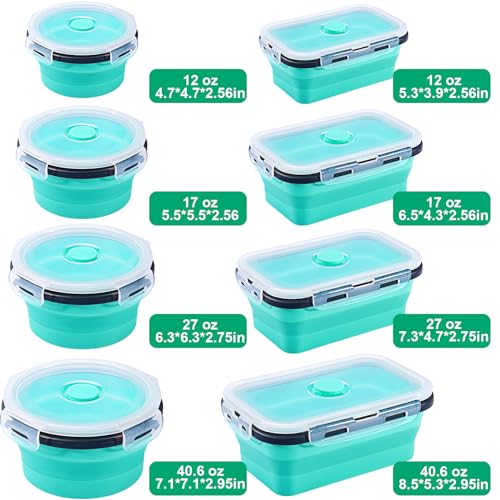 Sudaya 8 Pack Collapsible Food Storage Containers Set with Lids - Silicone Space-Saving Bowls for Travel and Camping