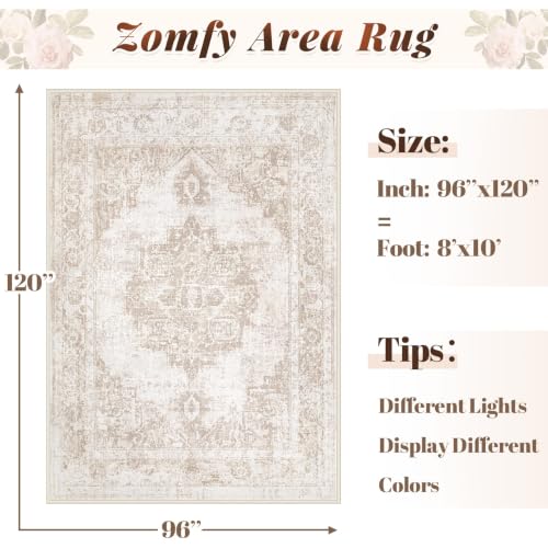 Zomfy 8x10 Beige Vintage Washable Area Rug - Distressed Indoor Floor Carpet
