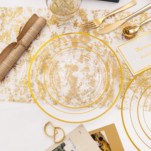 WELLIFE 300Pcs Clear Gold Disposable Dinnerware Set - Heavy Duty Plates, Cups & Cutlery - Variation: Clear Gold / 300