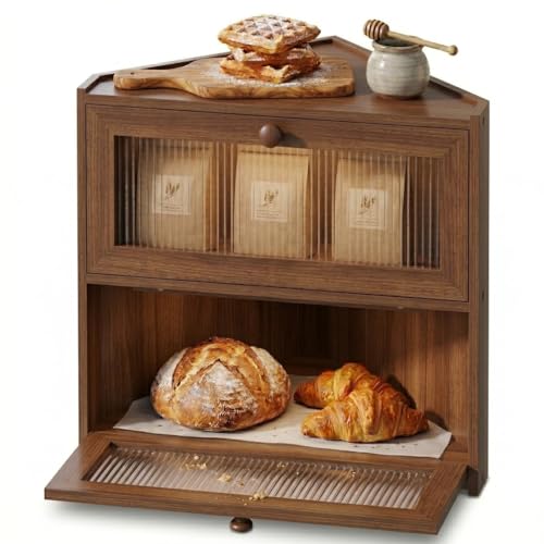 Brown Corner Bamboo Bread Box with 2 Tiers for Kitchen Countertop Storage - Space-Saving Organizer
