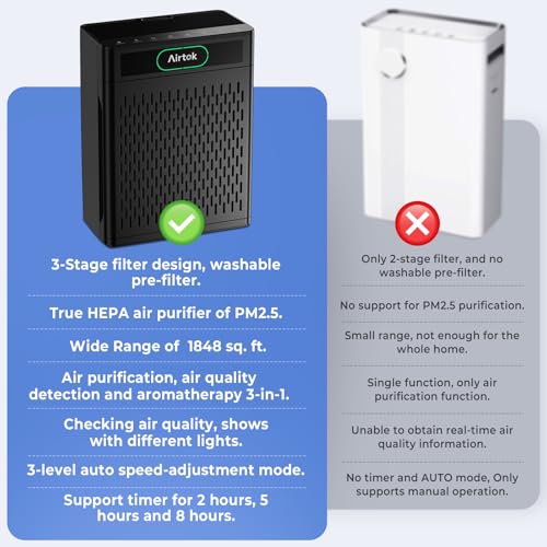 Airtok HEPA Air Purifier for Large Rooms Up to 1848 sq.ft - Black