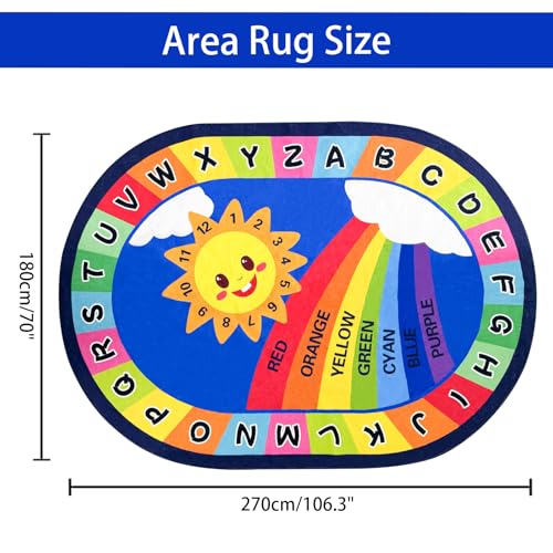 USTIDE Large Oval Kids Classroom Rug 6x9 Rainbow ABC Alphabet Playmat with Non-Slip Backing - Rainbow Sun Variation