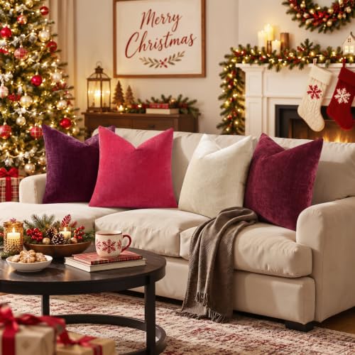 DecorUhome Christmas Red Throw Pillow Covers 16x16 Inches Set of 2 - Soft Chenille Home Decor