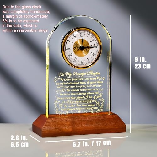Daughter Gift Glass Clock with Wooden Base - From Mom & Dad, Warm Light, Engraved - Variation: Daughter Gifts