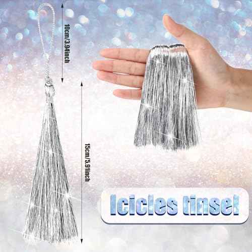 12 Pcs Christmas Tree Tinsel Tassel Ornament Metallic Icicles Tinsel Christmas Decorations Foil Fringe for Xmas Holiday Birthday Anniversary Engagement Party Supplies(Silver)