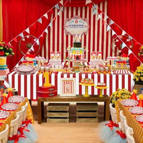 Carnival Circus Party Supplies, Red and White Strips Party Decorations, 81 Pcs Includes Plates, Napkins, Carnival Tablecloth, Forks, for Birthday, Carnival, Baby Shower, Christmas, Picnic, Serves 20