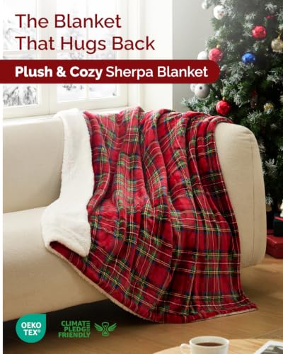Christmas Sherpa Blanket Throw Size 50x60 Reversible Plaid Holiday Decor - CGK Unlimited