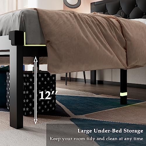 Twin Size Metal Bed Frame with Faux Leather Headboard - Black