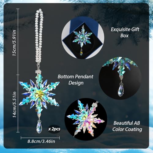 Kockuu 2pcs AB Color Crystal Snowflake Holiday Ornaments for Xmas Tree