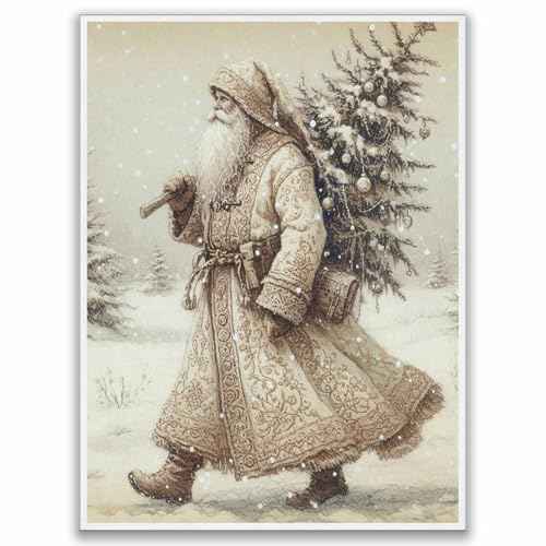 Beige Vintage Santa Claus Art Print - Neutral Holiday Wall Art with Antique Style Santa Painting, Ideal for Winter Home Decor in Living Rooms, Hallways, or Christmas Gatherings 8x12in Unframed