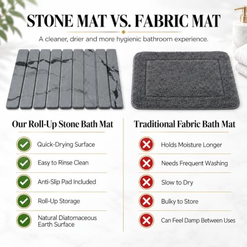 Dark Gray Rollable Stone Bath Mat for Bathroom, Quick Dry, Diatomaceous, 24x16 Inches