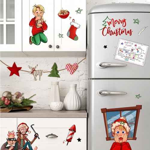 Yovkky Merry Christmas Home Alone Window Clings 9 Sheets, Xmas Kevin Battle Plan Thief 2026 New Year Stickers Decals Decor, Stocking Fan Iron Winter Holiday Home Kitchen Decorations
