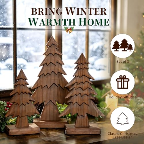 Hanobe Brown 3pc Rustic Wood Christmas Trees Set for Tabletop - Small 10.24", Medium 12.6", Large 15"