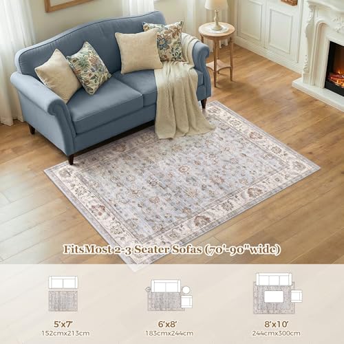 Dusty Blue-Gray Floral Area Rug 9x12 Non-Slip Water-Resistant Carpet