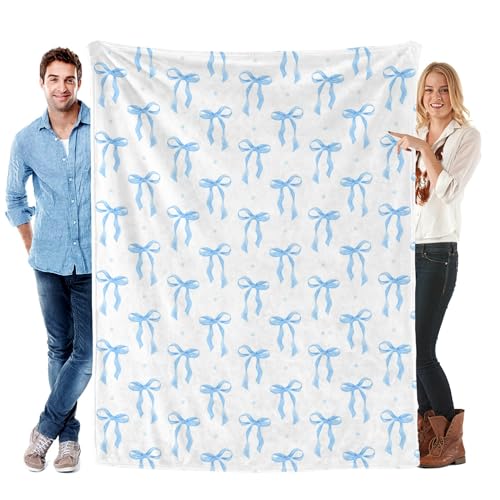 Blue Bow Throw Blanket 60x80 in - Soft Flannel Room Decor for Couch Bed Sofa Gift
