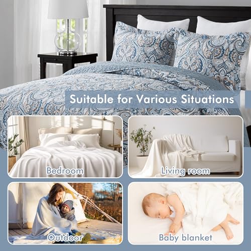 Paisley Blue-Gray Cotton Queen Size Quilt Set - Reversible Bedspread for All Seasons