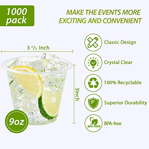 Lilymicky 1000 Pack 9 oz Clear Disposable Plastic Cups for Cocktails & Beverages