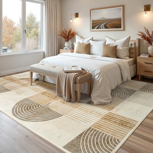 Beige 9' x 6' Washable Non-Slip Modern Area Rug for Living Room
