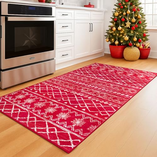 KUTA 3' x 5' Red/White Christmas Enreyway Rug | Non-Slip, Machine Washable, Low-Pile Moroccan Boho