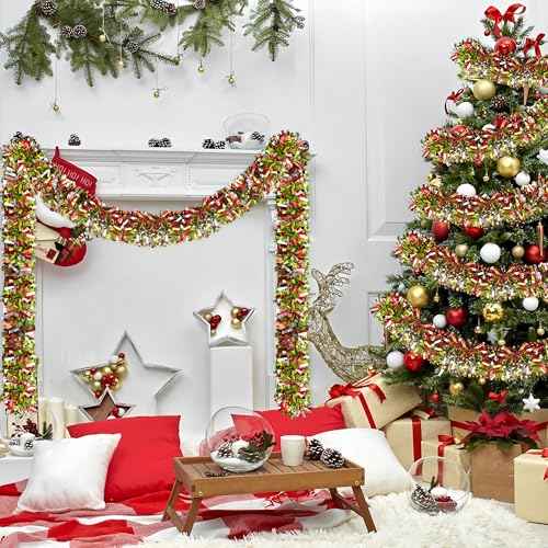 50 Ft Christmas Tinsel Garland Lime Green Red Sliver Metallic Foil Decorations Shiny Metallic Twist Garland Glitter Xmas Tree Hanging Ornament for Christmas Tree Home Stairs Indoor Outdoor Party Decor