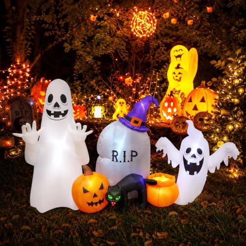 Halloween Inflatable Ghost Cat Pumpkin Decor - 8FT Yard Decoration with LED Lights & Accessories - Variation: Ghost Pumpkin