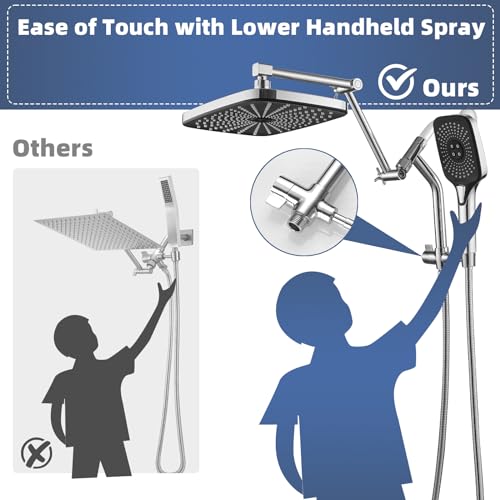 12-Inch High Pressure Shower Head with Handheld Spray - Chrome Finish, Metal Core Fittings, Polished Chrome Variation