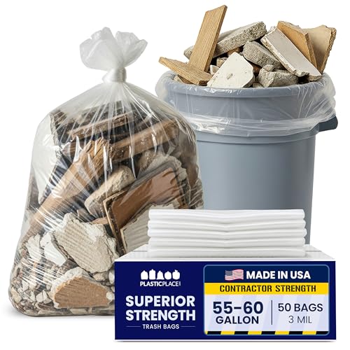 Heavy Duty 55-60 Gallon Trash Bags - Tear-Resistant Clear Garbage Liners, 50 Count - Contractor & Recycling Waste Bags, 3.0 Mil Thickness, Made in USA