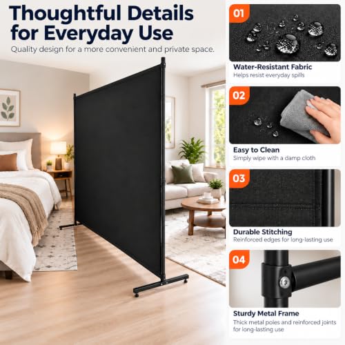 FCCRETA Black Room Divider 72x72 Inch Privacy Screen with Thickened Fabric