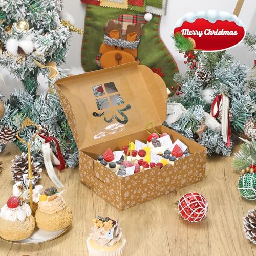 COTOPHER 12 Pcs Christmas Cookie Boxes with Window 9x6x3 inch Brown Bakery Boxes Snow-Xmas-Box-9x6x3-Brown-12