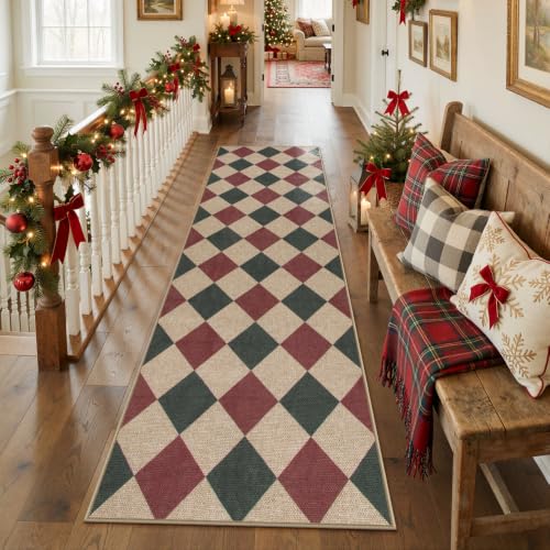 Lahome 2'6" x 8' Red and Green Checkered Christmas Runner Rug Non Slip Entryway Decor