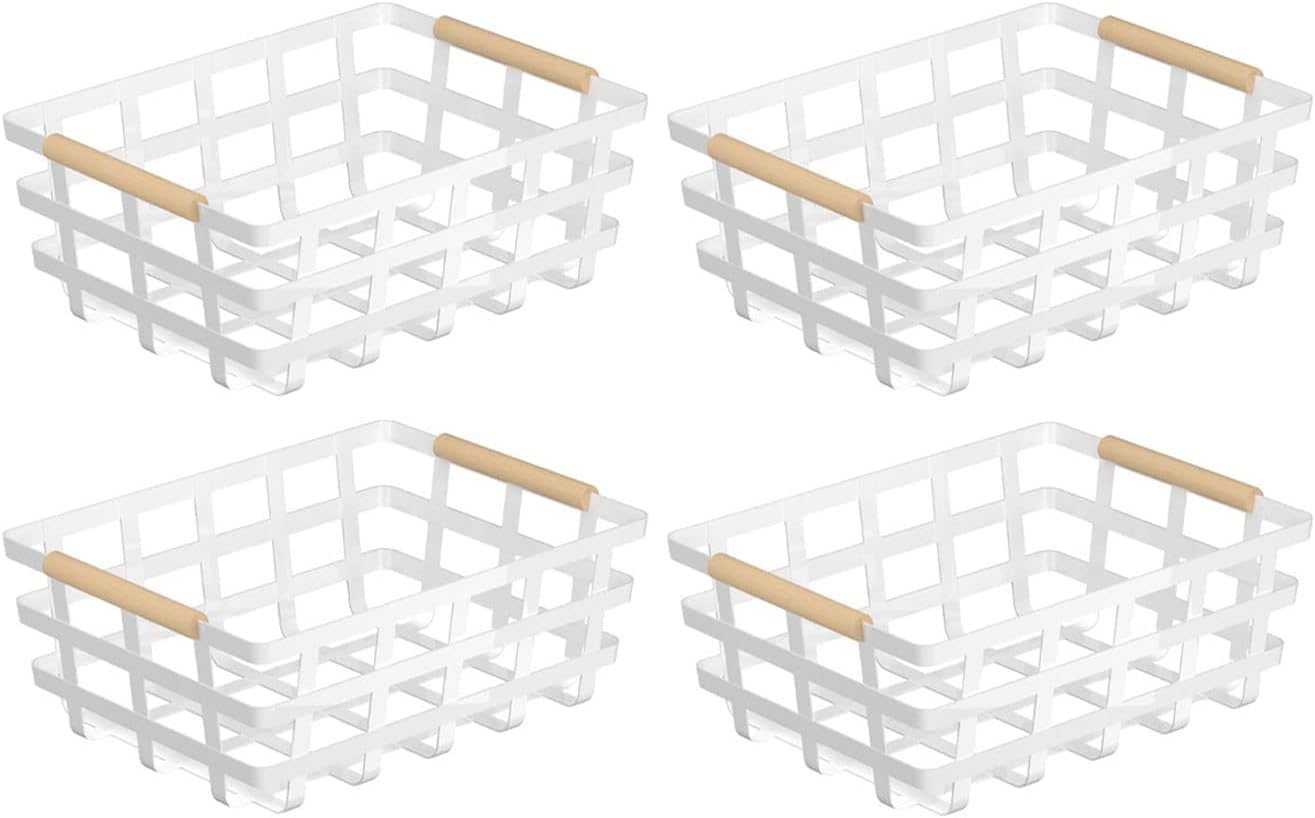 4 Pack Large Metal Storage Baskets, Farmhouse Baskets, Pantry Organizer Baskets with Wood Handle, Metal Baskets Bins for Kitchen Pantry Shelf Cabinets, White