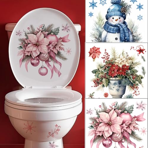 HeartYue 3 Sheets Christmas Toilet Lid Stickers - Holiday Decals for Festive Bathroom Decor