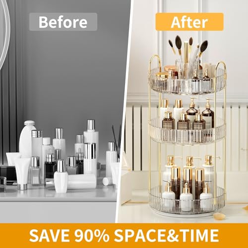 Oifecsie Transparent 3-Tier 360° Rotating Makeup Organizer with Brush Holder