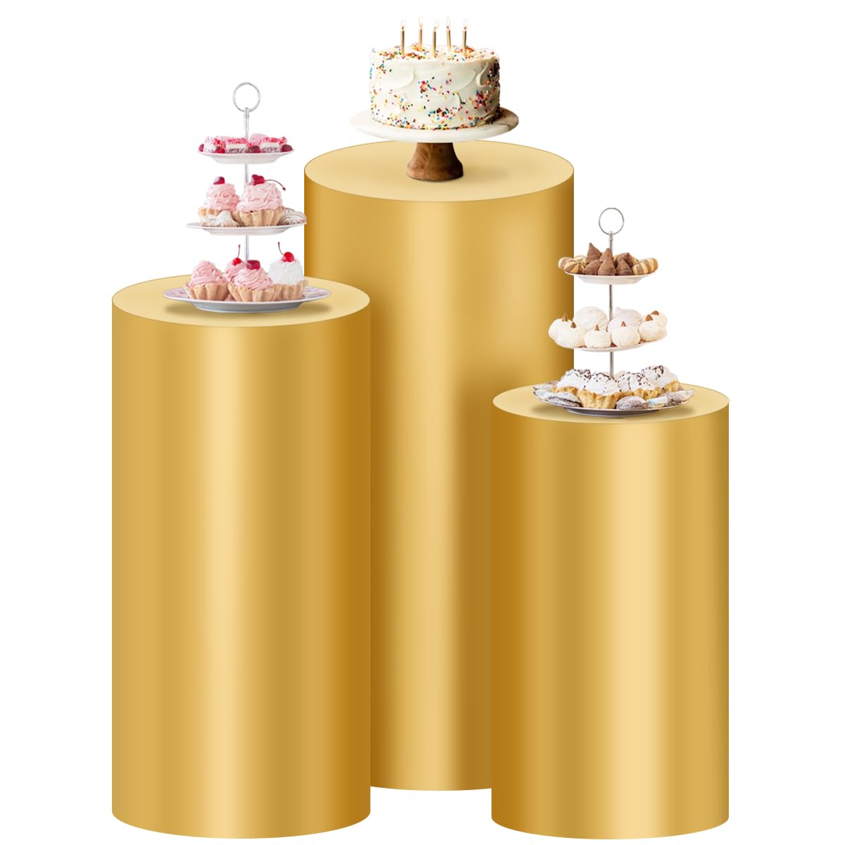 Socomi Cylinder Pedestal Stand Covers Spandex Flexible Display Box Stand Covers for Birthday Party Wedding Baby Shower Decoration- Only Stand Covers Included Set of 3 Gold