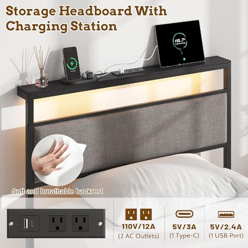 Twin Size Storage Bed Frame with 2 Fabric Drawers and Charging Station