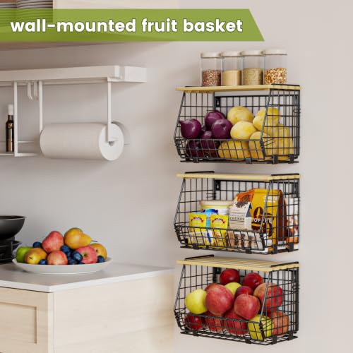 3 Pack Hanging Fruit Baskets for Kitchen Wall or Counter Storage - Black