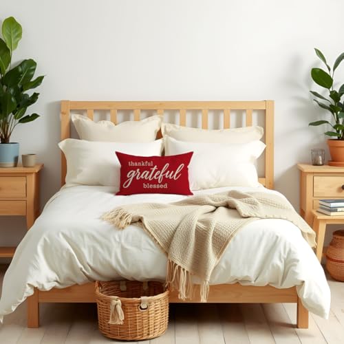 PANDICORN 12x20 Crimson Red Decorative Throw Pillow Cover - Thankful Farmhouse Style
