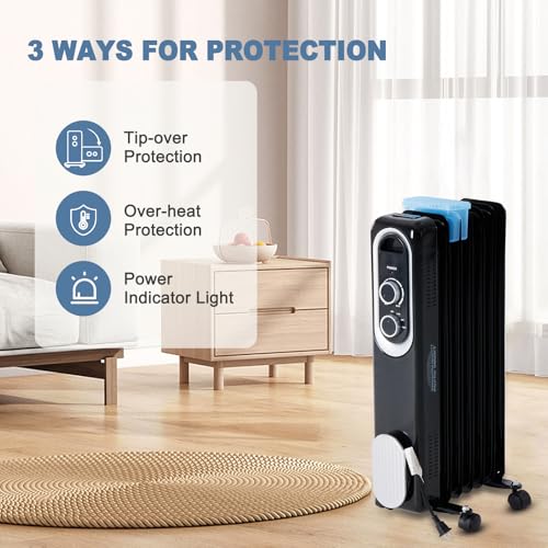 Black Oil Filled Radiator Heater 1500W with Adjustable Thermostat, Noiseless - 22.8 x 11.8 x 4.8 in