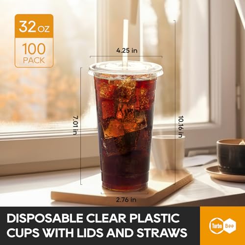 Turbo Bee 100 Pack 32 OZ Clear Plastic Cups with Lids & Straws for Cold Drinks