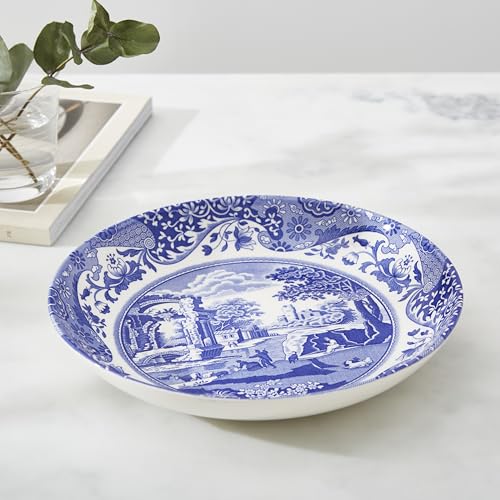Blue Italian Pasta Bowls Set of 4 - 9 Inch Earthenware Serving Dishes with Oriental Border
