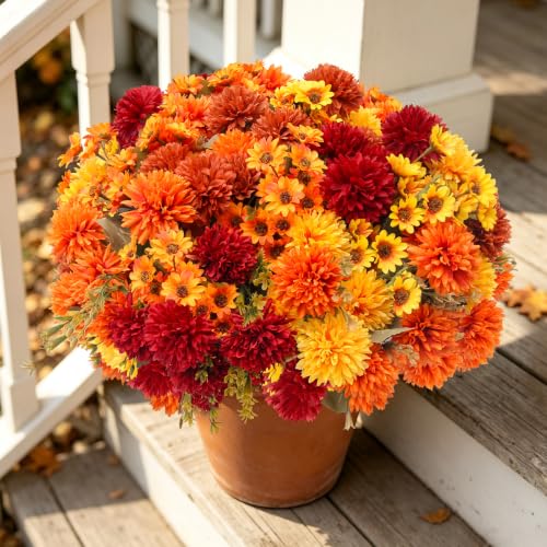 A-16pcs Fake Mums Artificial Fall Flowers for Outdoors Planters Decor - Flortevera
