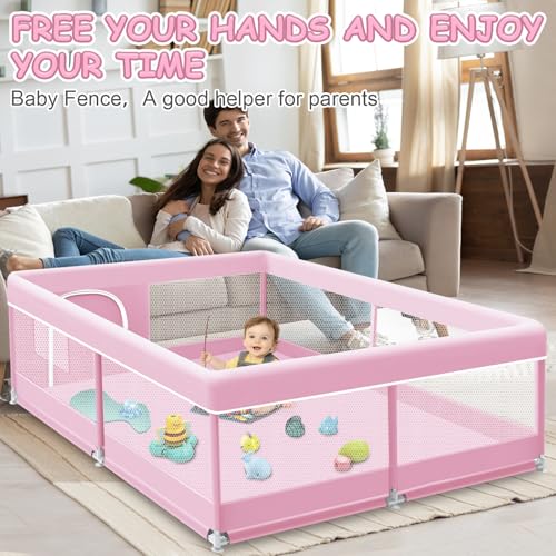 Pink Baby Playpen 50x50 Inch Indoor Outdoor Play Yard with Mesh & Fabric