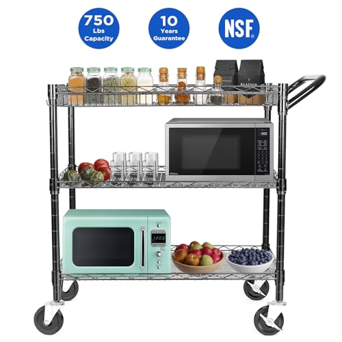 750lb Capacity Heavy Duty 3-Tier Wire Utility Cart with Wheels - Black