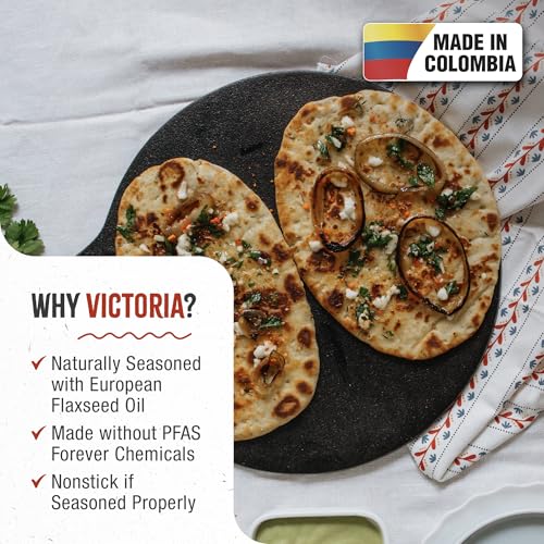 Victoria 12-Inch Cast Iron Tawa Dosa Pan with Loop Handle, Seasoned Cooking Skillet