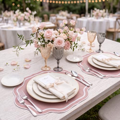 Breling Pink Cotton Scalloped Embroidered Placemats Set of 6 - Elegant Table Decor