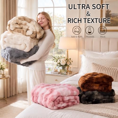 IKALIFE Cozy Bubble Faux Fur Throw Blanket - Cream, 50x60 Inches